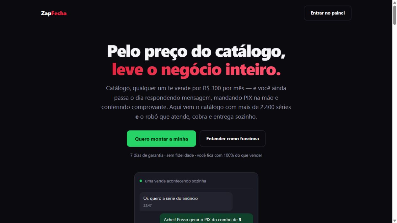 Captura real da apresentação pública do ZapFecha, com proposta da automação e acesso ao painel.
